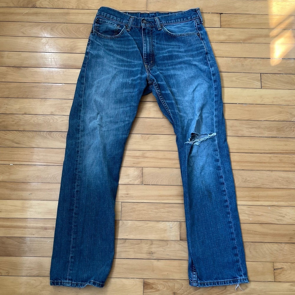 Levis 505 Regular Fit Straight Leg Jeans Mens 34x32 Medium Wash Distressed Blue